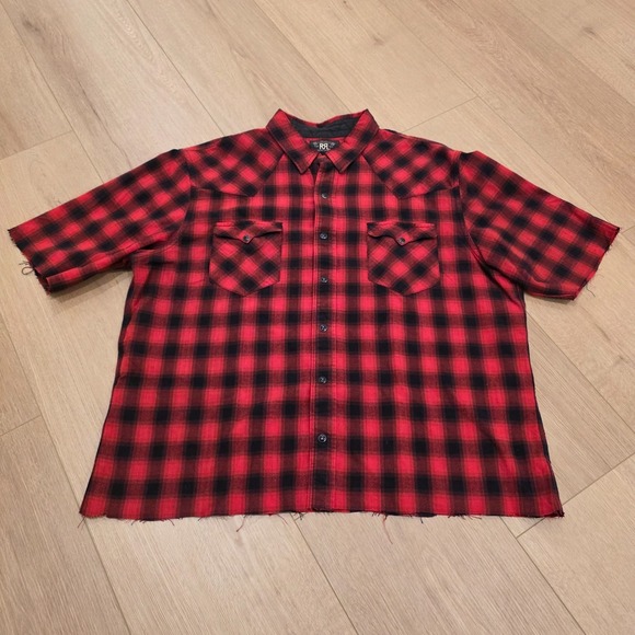Ralph Lauren Double RL Other - RRL Ralph Lauren Plaid Workshirt Mens XXL Western Sleeve & Hem Cut Distressed